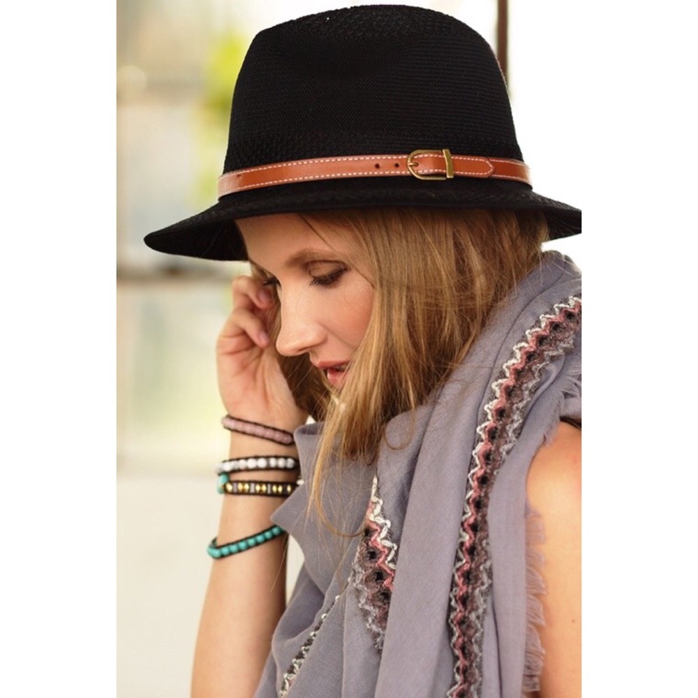 Classic Black Fedora with Faux Leather Belt